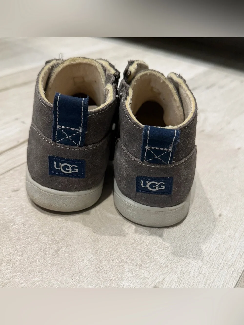 UGG Gray Suede Kids Ankle Boots with Navy Laces size 12 toddler